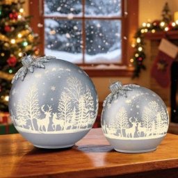 Rotating Glass LED Christmas Ornament Set of 2 Winter Scene Timer Gold Silver - Silver