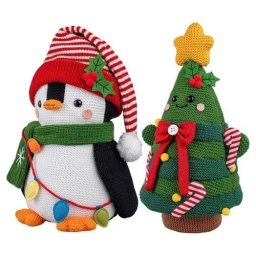 16" Christmas Knit Shelf Sitters Set of 2 Penguin|Tree|Polar Bear|Moose XMAS - Penguin & Tree