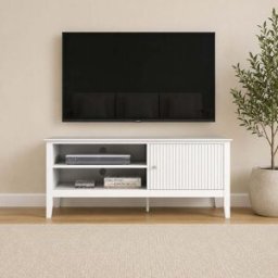 Large White Wooden Fluted TV Cabinet / Media Storage Unit - 120cm x 50cm (47" TV's) - Hales White Range Manufactured Wood, Metal