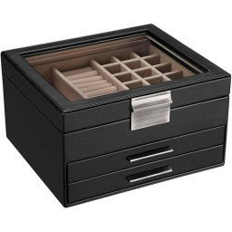 Songmics Jewellery Box with Glass Lid, Black