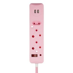 SWITCHED 3 Way Surge Protected Multiplug with Dual 2.4A USB Ports 3M Braided Cord Pink